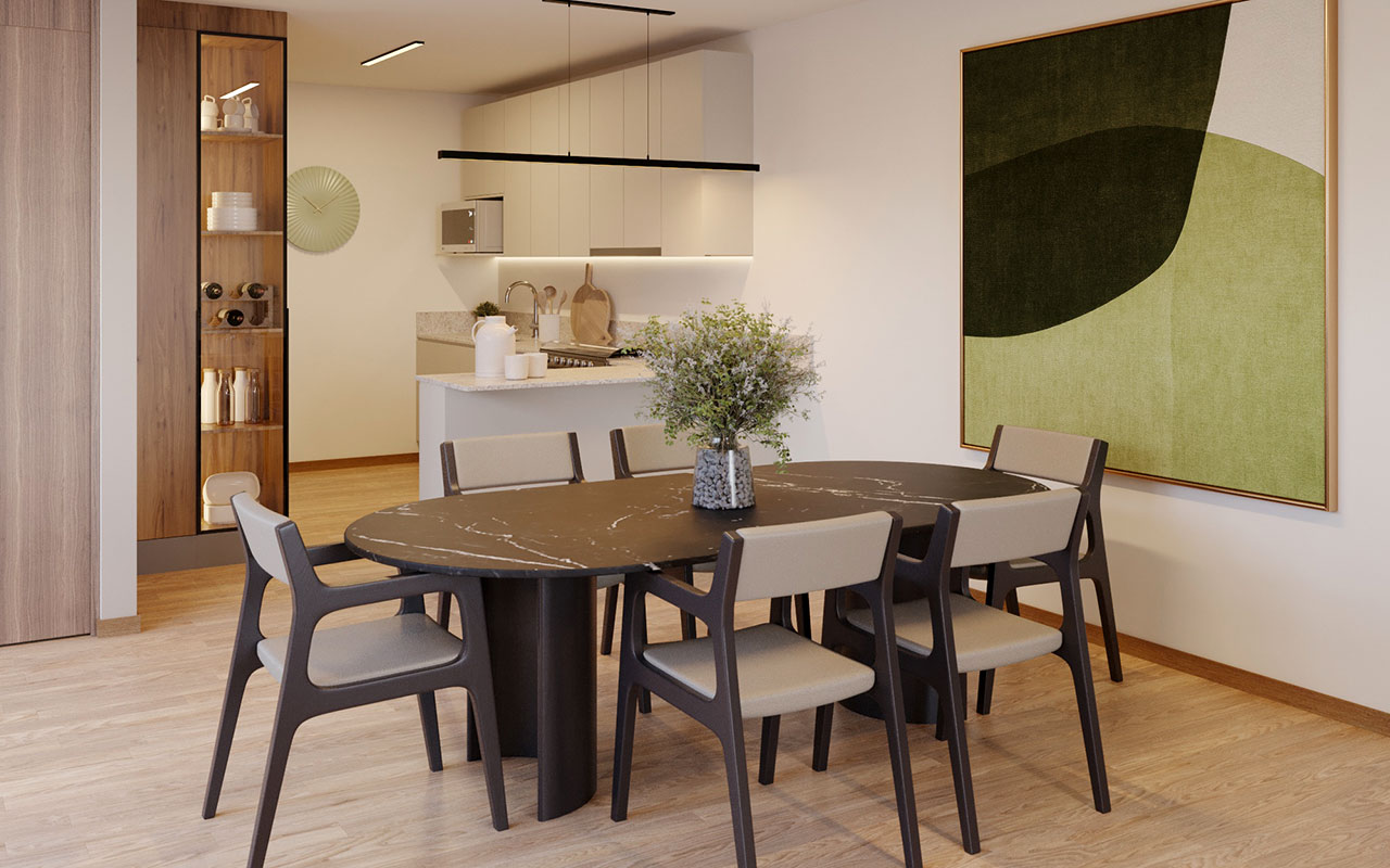 Comedor y cocina del Departamento Modelo D110 PB en Nuva