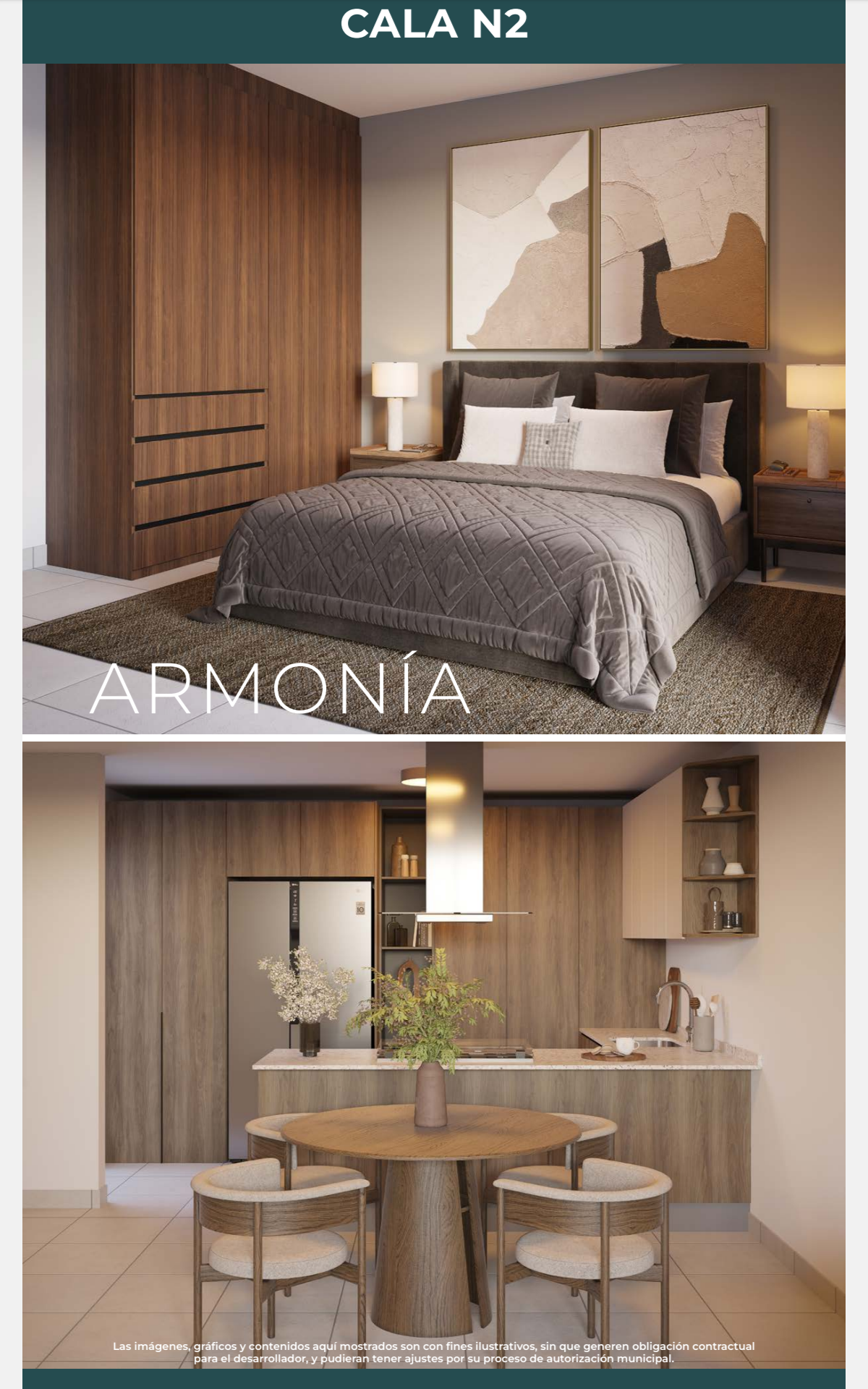Comedor, cocina y recámara del Departamento Cala N2 en Jardana