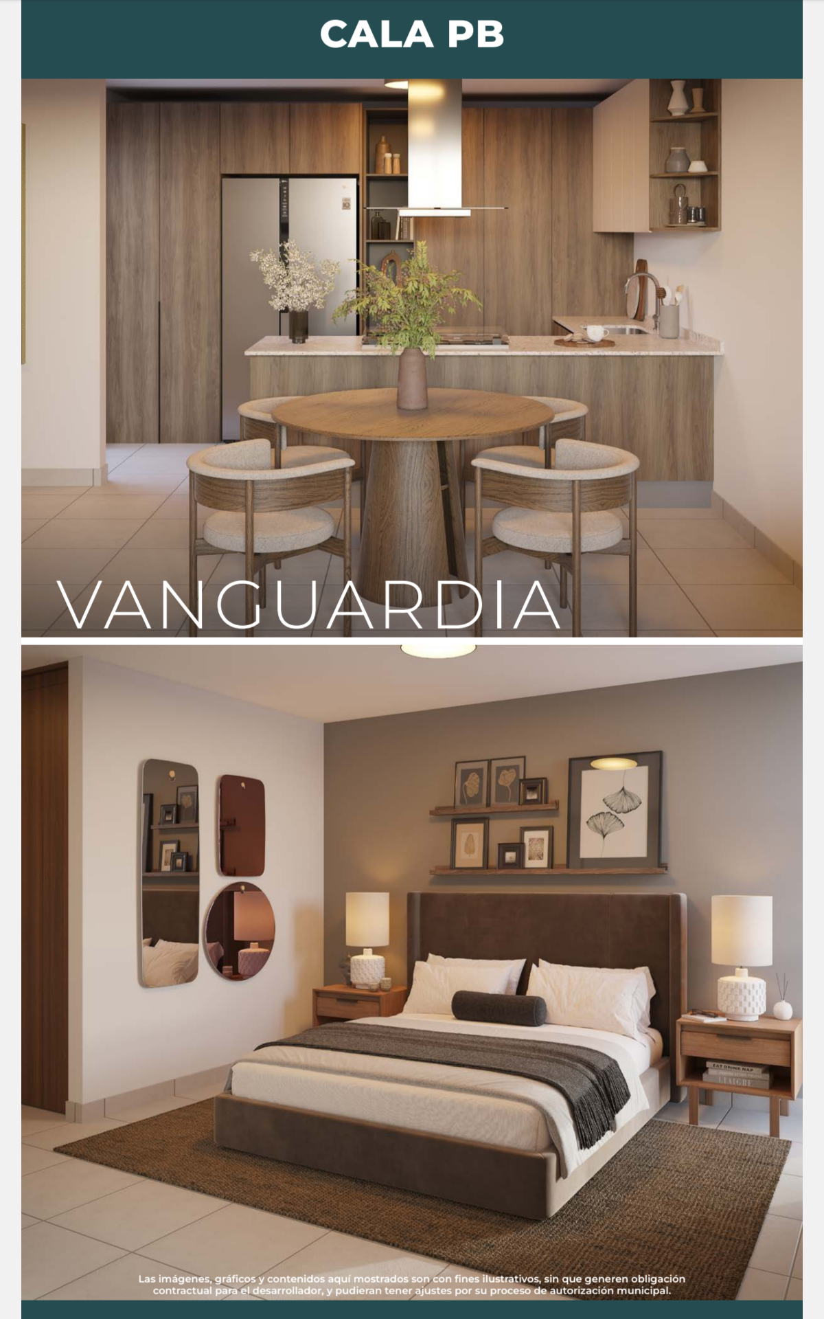Comedor, cocina y recámara del Departamento Cala PB en Jardana