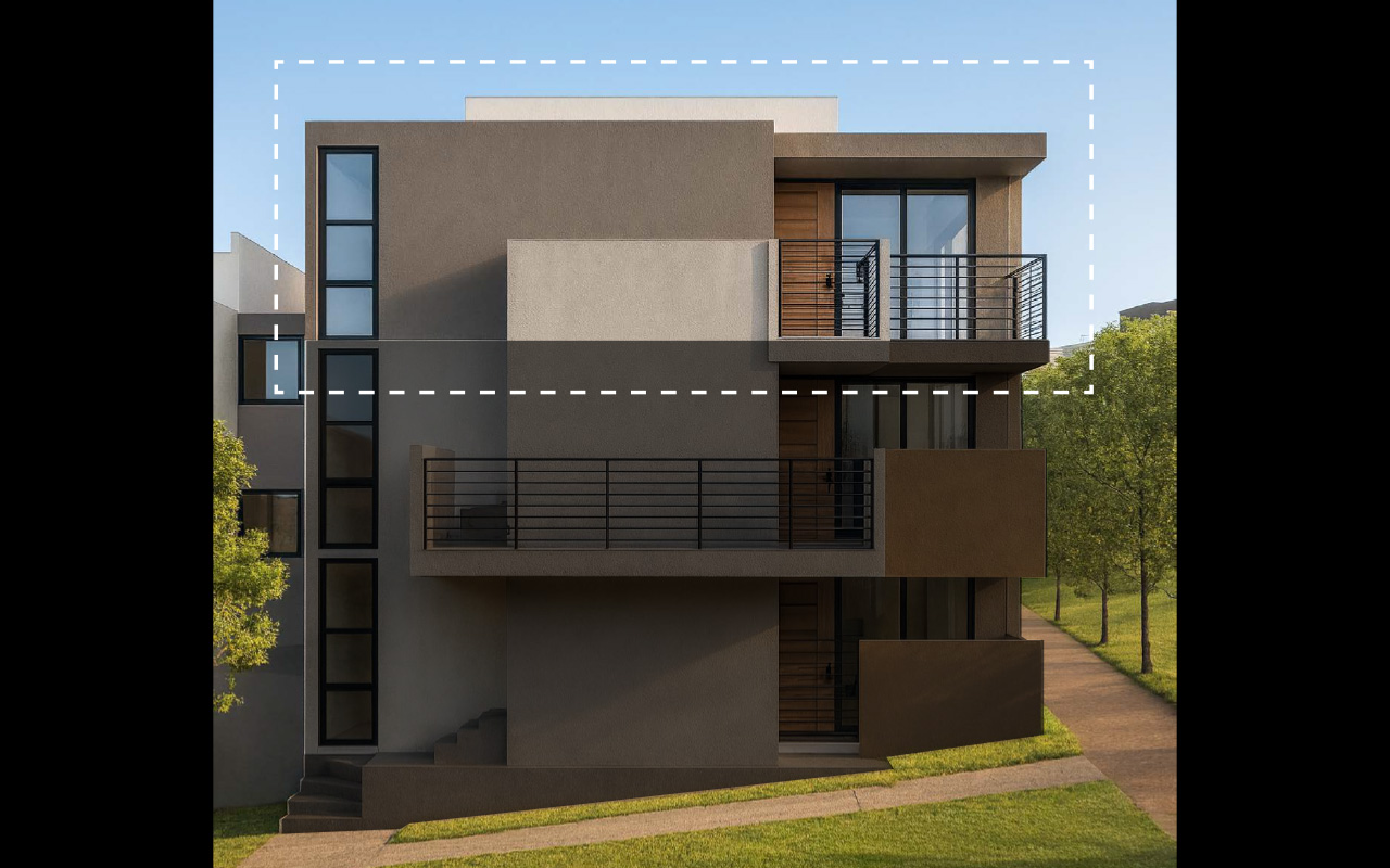 Fachada de tres niveles del Departamento Cala N2 en Jardana