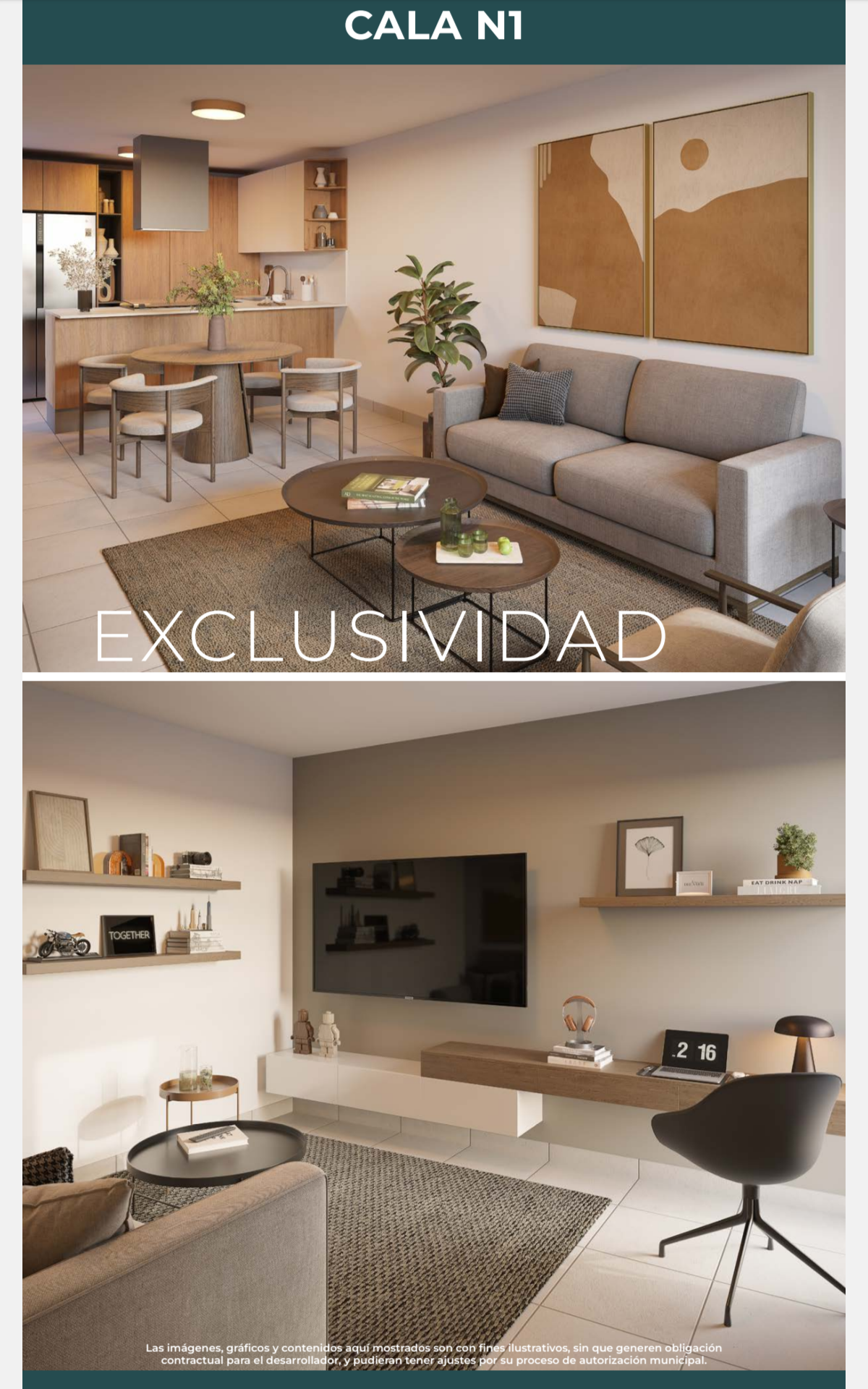 Sala, comedor, cocina y espacio flexible del Departamento Cala N1 en Jardana