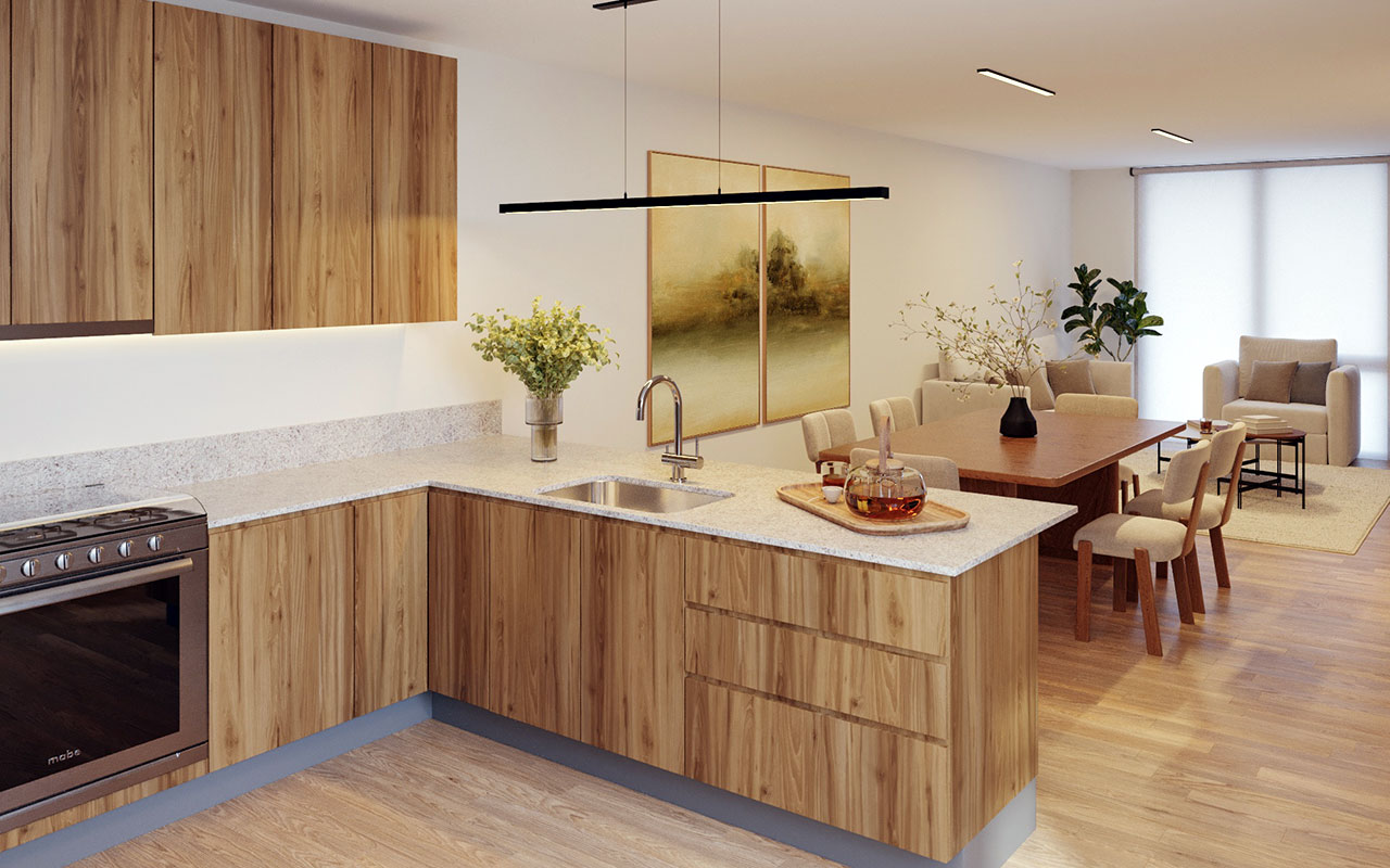 Sala comedor y cocina del Modelo D95 en Nuva